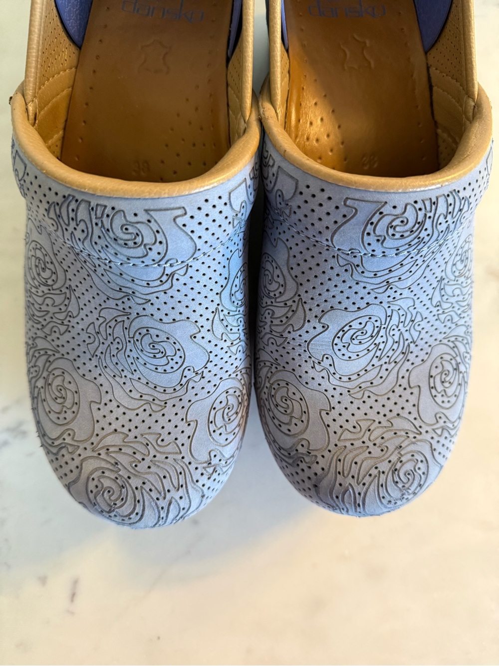 Dansko Light Blue Perforated Floral Clog with Tan Trim - Picture 2 of 7